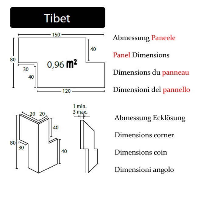 Pannello murale effetto pietra Tibet – dimensioni